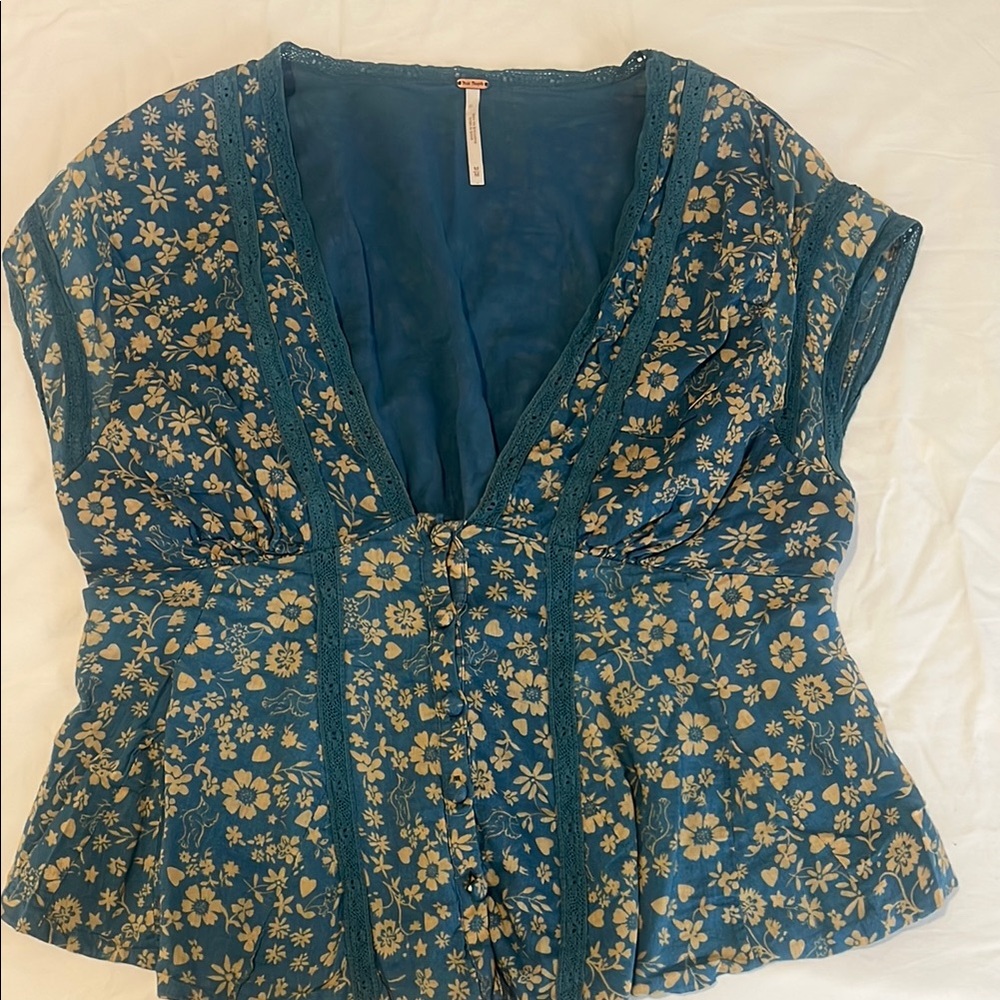 Free People Blue Ruffled Peplum Blouse